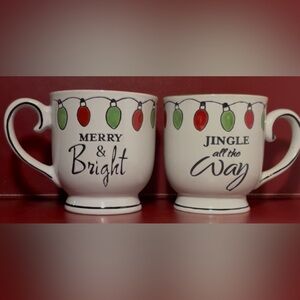 Set of Two Christmas Mugs with Red & Green Lights and Cute Festive phrases